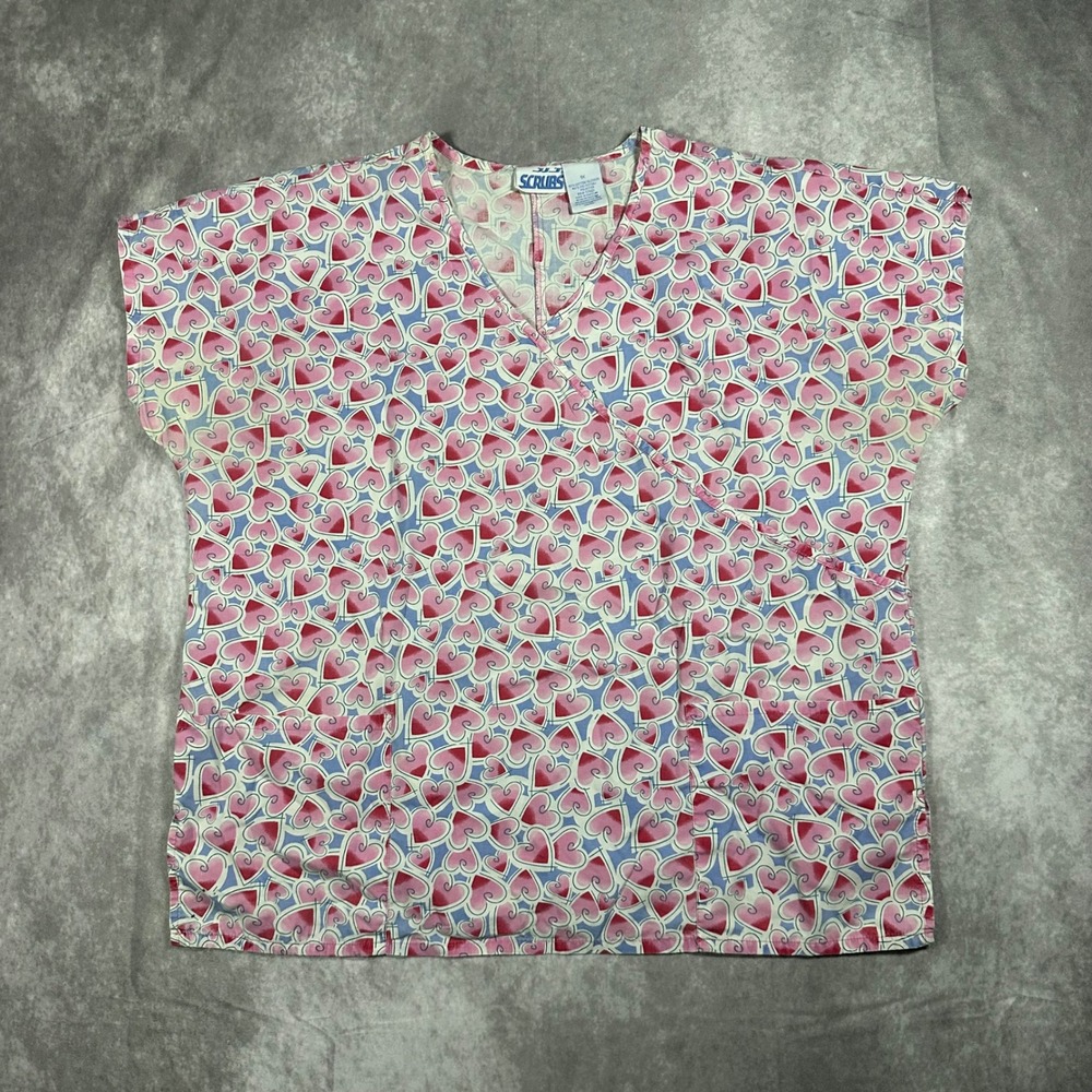 S.C.R.U.B.S. Womens 1X Scrub Top Pink Blue Heart Print Wrap V-Neck Short Sleeve